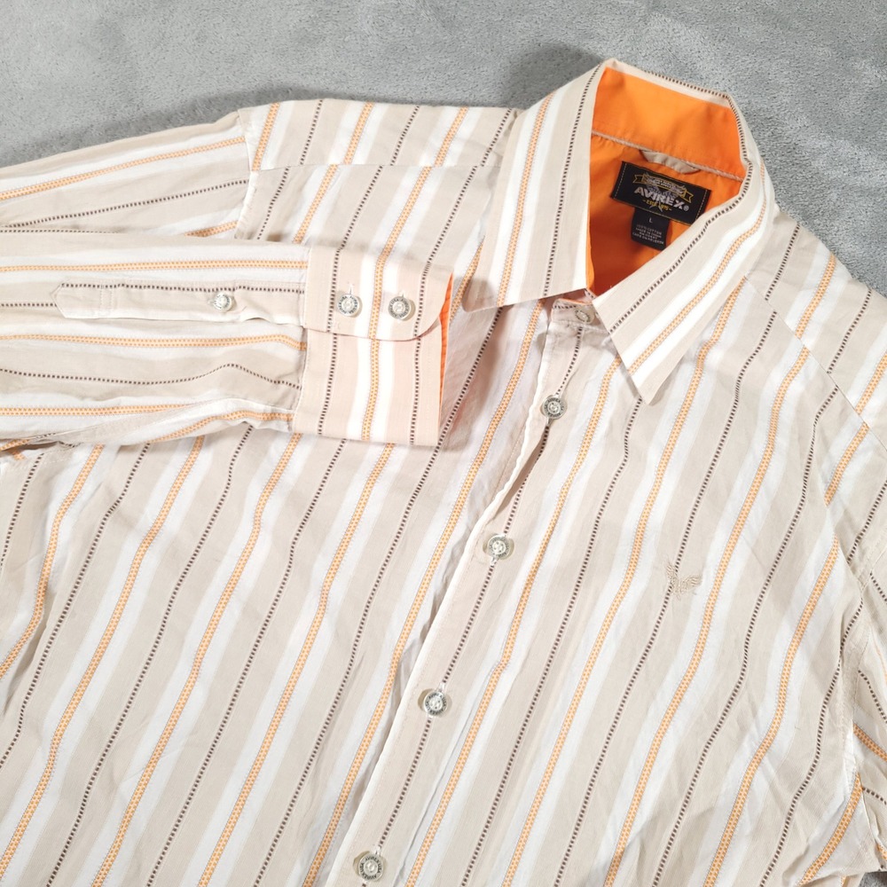 Avirex Shirt Mens Large‎ Beige Orange Striped Long Sleeve Button Up Logo Casual